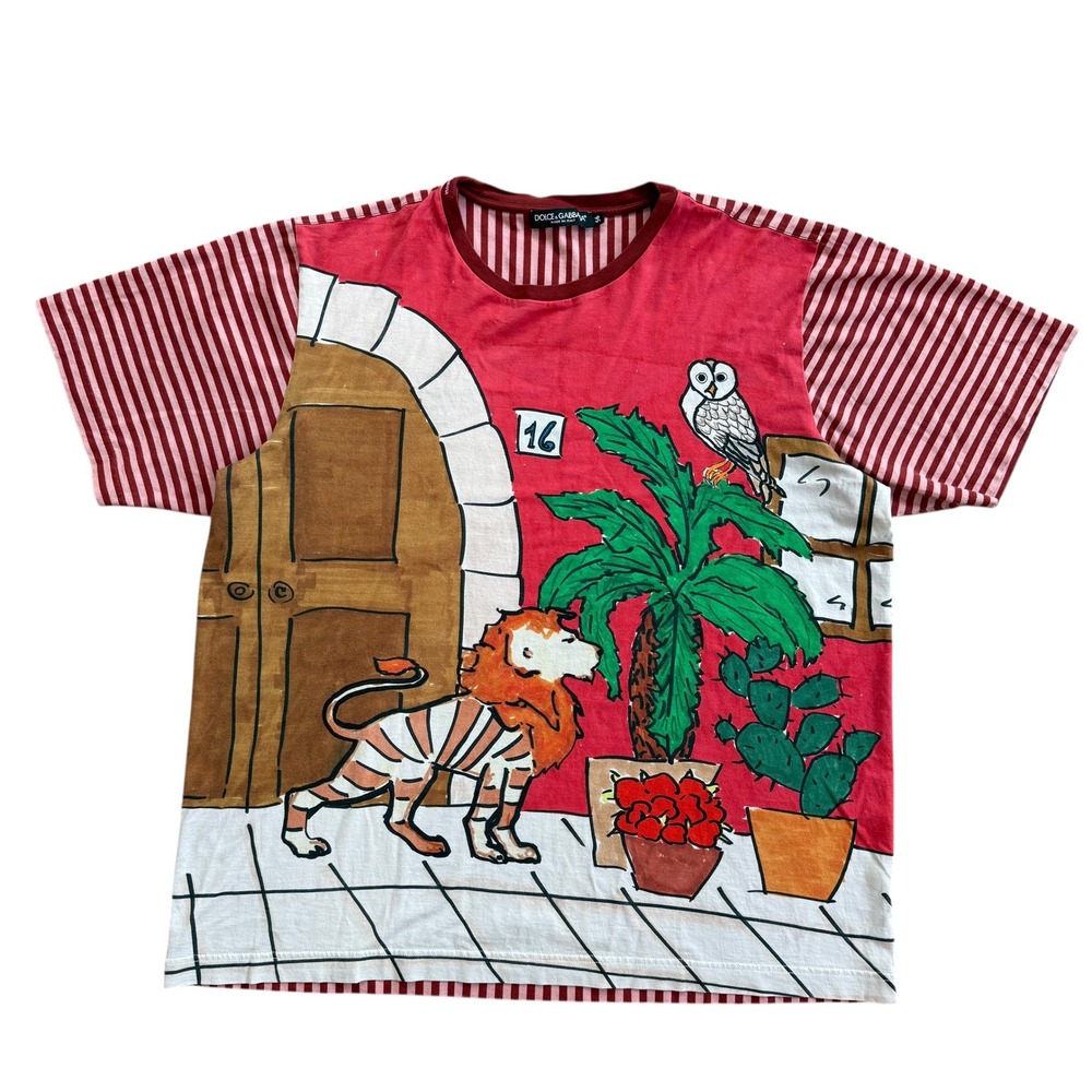 Dolce & Gabbana Mens Graphic Stripe‎ T-Shirt Red Lion Owl Italy G8FV9T Size 56